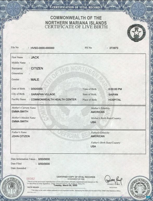 Download USA Northern Mariana Islands birth cert Photoshop template